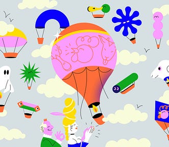 A digital cartoon illustration of a Regency-era man and woman (she with a tall hairstyle, jeweled choker, low cut gown; he with a curled wig, crown, ruffled collar and cuffs) looking up at twelve colorful hot air balloons of various shapes (ghost, asterisk, arch, duck head, sheep head, cube, stacked balls, tube, balloon) and sizes in a pale grey-blue sky. They applaud as the balloons float by.