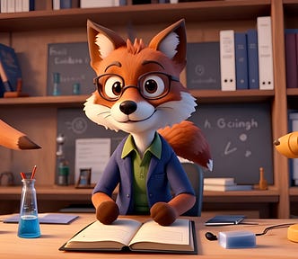 An AI-generated fox in the style of a Pixar 3D animation, wearing a navy-blue jacket with the sleeves rolled up, a green shirt, sitting at a desk in a research office. Beakers on the desk, books and folders on shelves behind him, and he’s resting his hands on a book open on the desk in front of him.