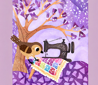 A whimsical sparrow sewing a quilt up in her tree