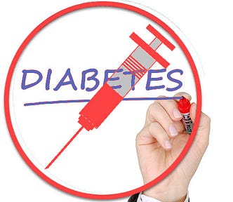 Hand writing “diabetes”, with red circle and slash on top, with a hypodermic needle for the slash.