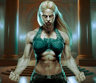 A muscular fantasy woman flexes angrily in a dark throne room.
