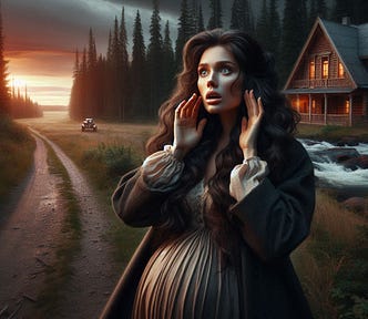 Create a realistic image of the following: In the fading light of sunset, a beautiful, pregnant woman of Scottish descent with long, wavy, dark hair stands at the fork of a wooded path, her hands raised to her mouth, calling out to her lost husband. She is anxious and very concerned. A luxurious log home, forest and open field can be seen in the background. The mood is suspenseful and ominous.