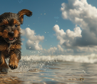 a happy, barking brown and black scrappy mutt puppy running to the ocean