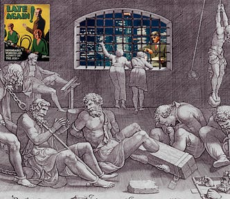 A medieval drawing of a horrible torture chamber in which men are being tormented by various diabolical machines. On the wall hangs a poster reading ‘LATE AGAIN! Dependable workers are on the job.’ Through the window peers an impatient man in a sixties vintage executive suit, clutching a sheaf of papers and scowling at his watch. Behind him is the nighttime Manhattan skyline.