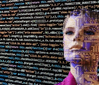 Lines of computer script on glass with a woman’s face behind it