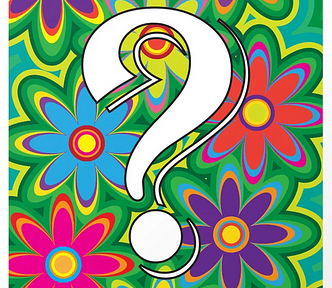 A stylized white question mark on a background of 70s-style psychedelic flowers. Image by Wendy Townrow at Society6.com