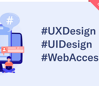 Flat 2D illustration of faceless people in front of a collage of computer devices with social posts and a hashtag in bubbles, adjacent to a list of hashtags that read “UXDesign, UIDesign, WebAccessibility.” A corner banner reads “new home and updates at markwrites.io.”