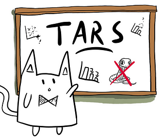 Cat pointing at a whiteboard with TARS written on it, pictures of graphs and a cobra with a red X over it.