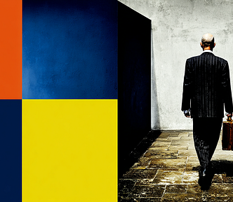 Abstract geometric illustration in Mondrian style with overlapping rectangles in red, blue, yellow and black, representing design frameworks and business structure