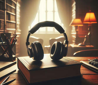 AI image of headphones on a book in a dimly lit, classic office produced by using Microsoft Copilot