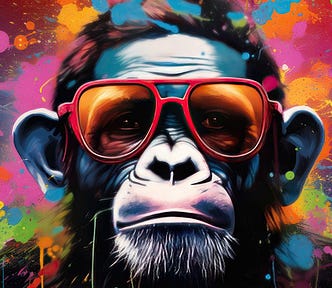 An ape-like face and a very colorful background, AI art