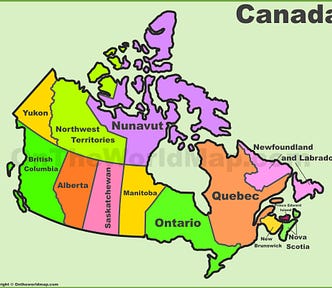 Map of Canada with each province a different bright colour.