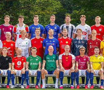 Team Norway ready for the World Cup, posing together in their childhood football club jerseys.