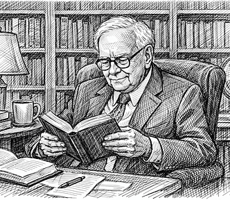 An elderly man in a suit reads a book in a cozy library, surrounded by shelves, a lamp, a globe, and a cup on the table.