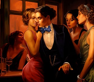 A group of fashionable women in a speakeasy. The central figure is a mannish woman in a tuxedo holding a younger woman suggestively.