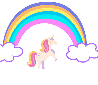 a digital sketch of a colourful rainbow and a unicorn