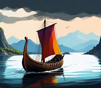 A viking ship among islands