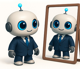Cute cartoon robot in a blue business suit standing confidently in front of a mirror, with its reflection showing the same outfit — symbolizing virtual try-on technology for fashion using AI.
