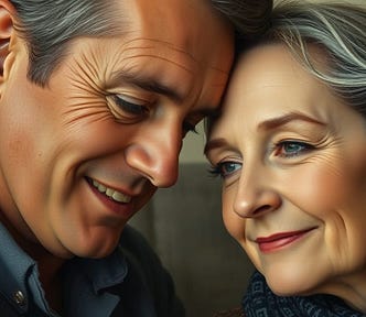 Image shows a man on the left, a woman on the right. Both of them are smiling and they lean with their foreheads against each other.