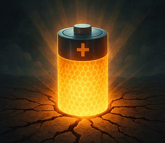 IMAGE: A giant glowing battery rises from cracked earth, radiating golden light into the dark sky, a symbol of the emerging power and promise of the battery revolution