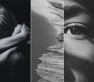 A collage of images of the sea, arms entwined and the eye in half a face