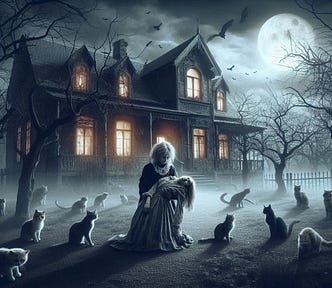 Gothic style. Under a full moon and foggy night, we see a yard with withered trees and dozens of cats milling about in front of an old house. In the doorway, an elderly woman holds a teenage girl who’s collapsed with her head against the matronly woman’s chest.