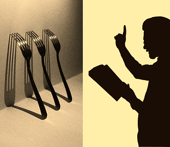 A montage of three dinner forks lined up against a wall and a religious minister making a point from scriptures.