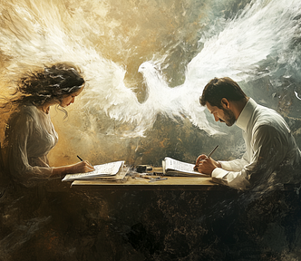 A female and male writing at a desk. Ghostly image of a white bird (phoenix) behind them