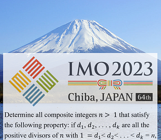 IMO 2023 Logo and Problem 1 (stated below) on backdrop of Mt Fuji, Japan