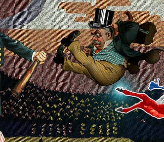 The hindquarters of a bucking mule in Democratic Party livery; flying through the air behind them is a distressed-looking millionaire type in tophat and monocle, evidently kicked by the mule’s rearmost hoof, which glitters with radiating light. The millionaire type is on a collision course with Uncle Sam, dresses as an old-timey cop and brandishing a billyclub. On his breast is the emblem of the Federal Trade Commission. Behind the scene is a halftones WPA poster depicting the mountains and vall