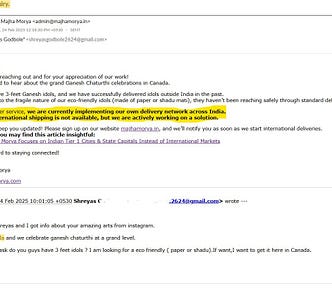 Email response from Majha Morya Ganesh Idols addressing an inquiry about international shipping.
