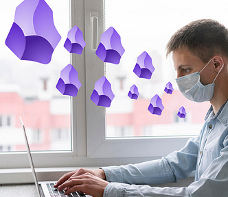 A man wearing a surgical mask typing on a laptop. Obsidian logos’s are floating in the air.