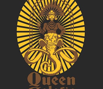 The Queen Califia Publishing logo. Drawing of a Black Amazon holding a spear and riding on the back of an elephant, encased in a yellow oval.