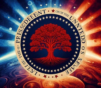 A solid red oak tree in the center, encased by the Presidential Seal of the United States on a background of a solar storm.