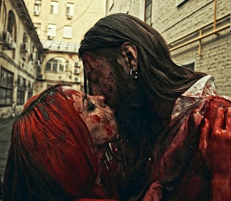 A blood-stained couple share a kiss at the apocalypse