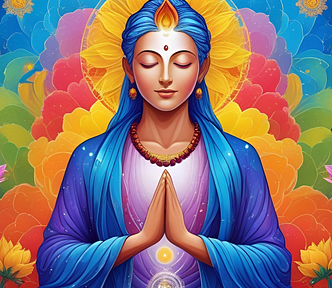 Higher consciousness appears as a colorful guru
