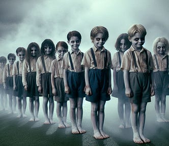 A row of school children, with pallid skin and acidulous expressions, stand in a staggered line on a school field with mist floating over the ground around them. The mood is creepy and nefarious.