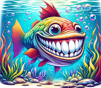 An AI generated image of a fish with an unusually wide grin revealing a set of big teeth. The fish is in a cheerful mood, its fins flapping with excitement. Its scales reflect a myriad of colors under the underwater sunlight. Sea plants sway around it and the bubbles from its mouth skitter towards the surface, further accentuating its joyous demeanor.