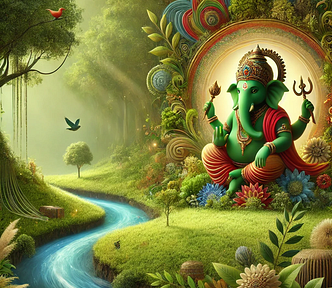 A beautifully crafted eco-friendly Ganesh idol surrounded by lush greenery, with a serene river flowing nearby, symbolizing sustainability and devotion.
