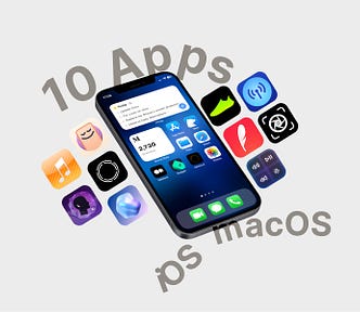 Image of an iPhone 12 Mini running the public beta release of iOS 17. There are 10 app icons alongside the iPhone showing the icon of apps introduced in this article. On the top and bottom of the iPhone is the text 10 apps ios macos.