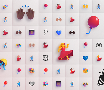 Emoji on a grid. Black hands celebrate. A woman in a red dress dances. Colorful confetti explodes while a red ballon dangles a blue string.