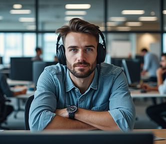 Man listening to music while at work and drowning out the wails of his coworkers.