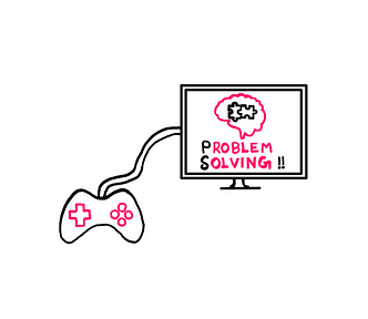 How To Get Better At Problem Solving — An illustration showing a videogame controller connected to a monitor. The monitor has a 2D-brain with two connected jigsaw puzzle-pieces inside. Below these puzzle pieces, we have the following words: “Problem Solving!!”