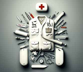 Swiss army knife wearing white scrubs as a doctor, multiple functions