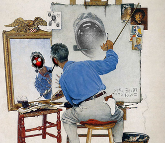 Norman Rockwell’s ‘self portrait.’ All the Rockwell faces have been replaced with HAL 9000 from Kubrick’s ‘2001: A Space Odyssey.’ His signature has been modified with a series of rotations and extra symbols. He has ten fingers on his one visible hand. Image: Cryteria (modified) https://commons.wikimedia.org/wiki/File:HAL9000.svg CC BY 3.0 https://creativecommons.org/licenses/by/3.0/deed.en