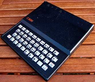 A tatty-looking Sinclair ZX81 home computer.
