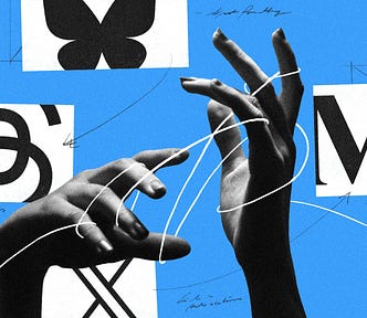 Graphic with blue background showing two hands with thread wrapped around them. Logos of social media sites are displayed in the background of the image.