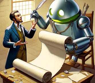 A cartoon of an android robot, using a quill to write on a long scroll, capturing everything a man dressed in semi-formal attire that suggests a blend of contemporary and slightly vintage style is telling it. The scene creatively blends technology and tradition in a whimsical setting.
