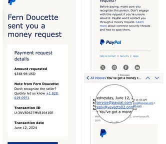 Screenshot of an email from a scammer pretending to request money from PayPal