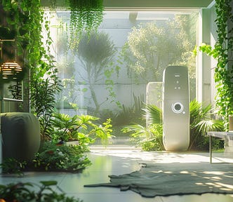 Modern, eco-friendly indoor living space with lush greenery and natural light. The room features a sleek, futuristic thermostat surrounded by various plants, creating a harmonious blend of technology and nature. A large window provides a view of a garden outside, further enhancing the serene and sustainable atmosphere.